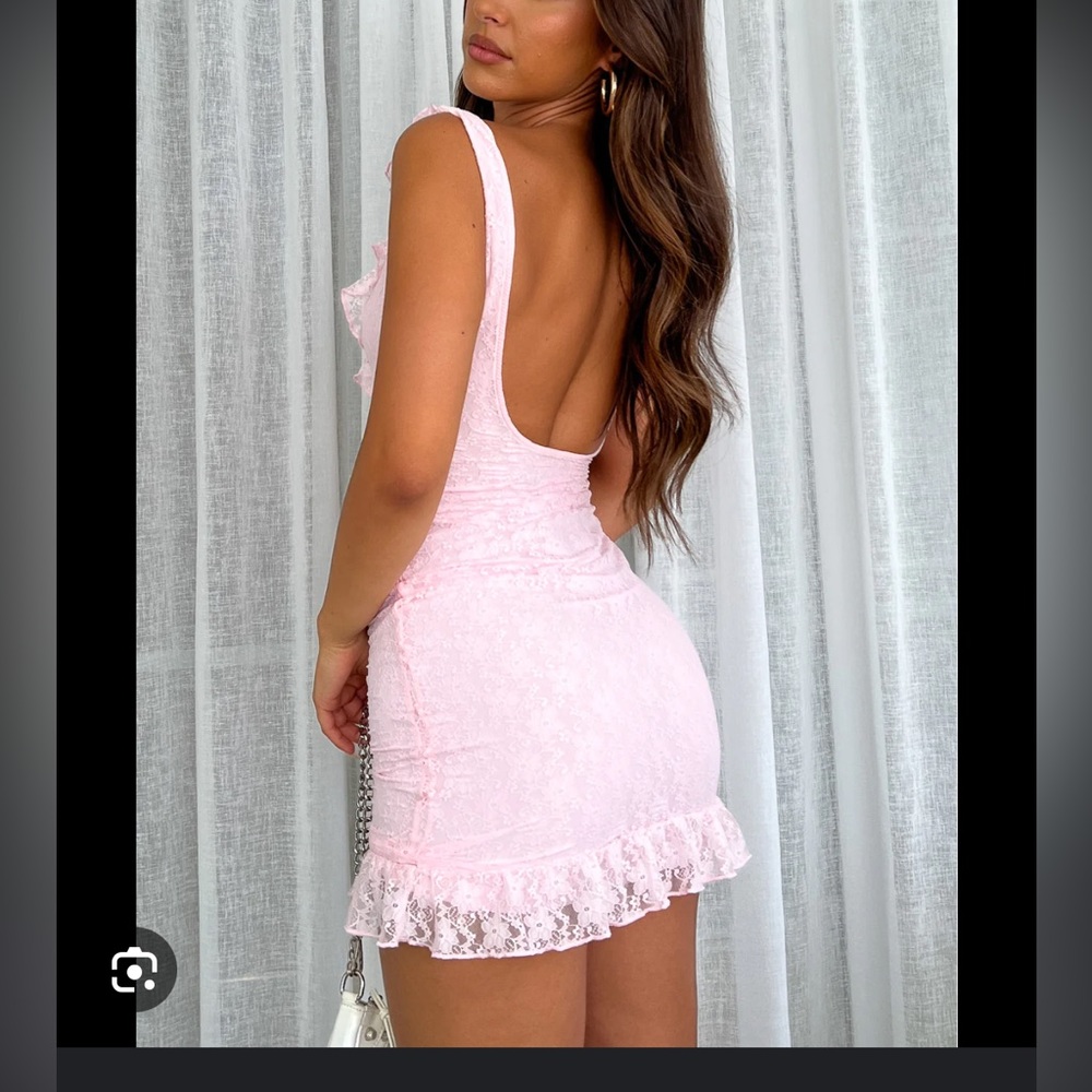 Pink lace white fox mini dress